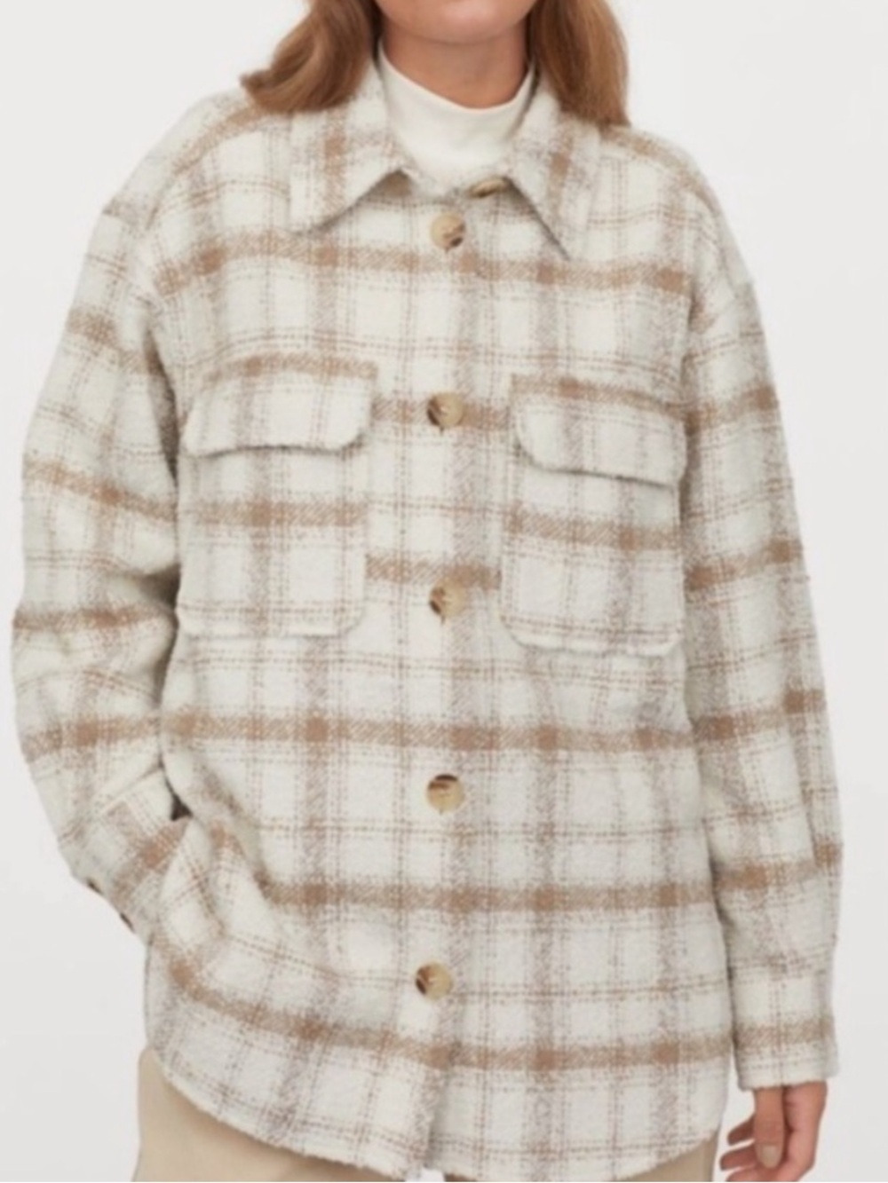 HM Plaid Shacket Jacket in Cream and Beige